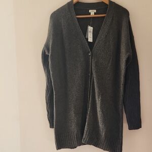 NWT L.L.Bean Dark Gray Cotton Wool V-neck Long Sleeve Cardigan Size L womens